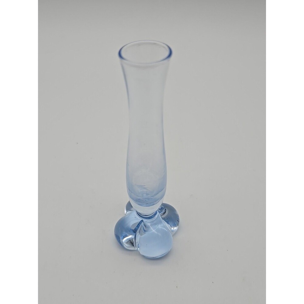 Vintage Art Glass Bud Vase Clover Foot Ice Blue Blown Glass
